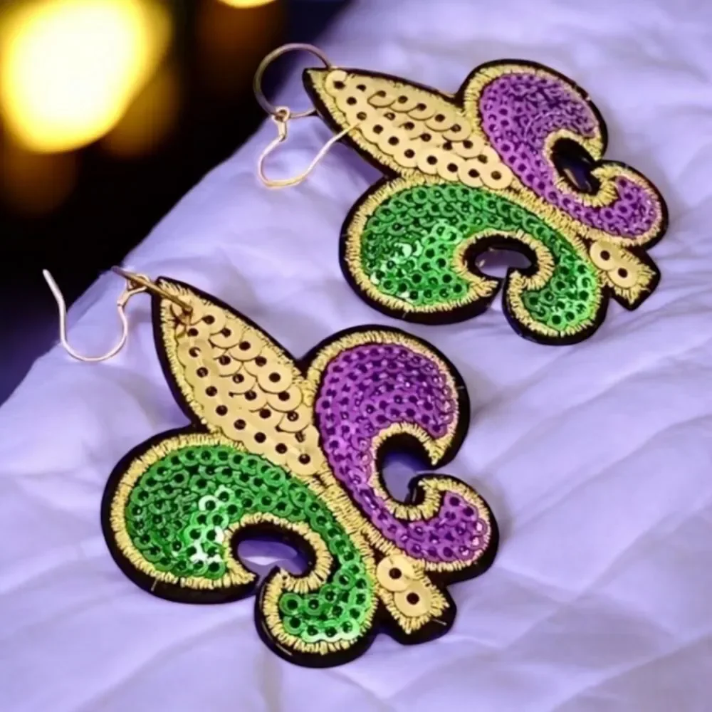 Sequin Fleur-de-Lis Earrings Mardi Gras Carnival Embroidered Dangle Jewelry New